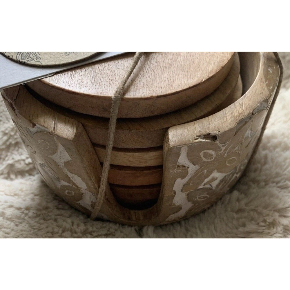 Hand Carved Wooden 6 Piece Coaster Set Made In India - Picture 3 of 8